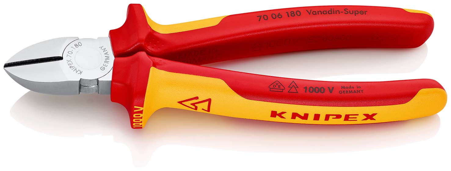KNIPEX 70 06 180 Seitenschneider isoliert mit Mehrkomponenten-Hüllen, VDE-geprüft verchromt 180 mm